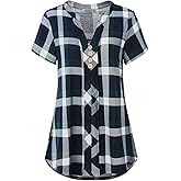 MOQIVGI Womens Notch Neck Short Sleeve Plaid Shirts Checkered Blouse Tops