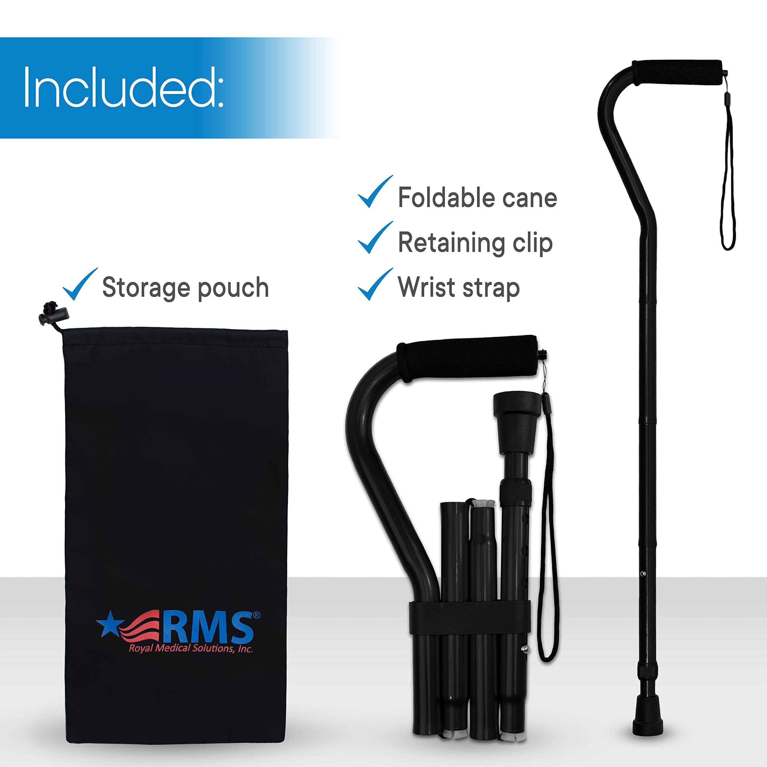 RMS Folding Cane with Offset Foam Handle, Adjustable Walking Stick with Carrying Pouch (Black)