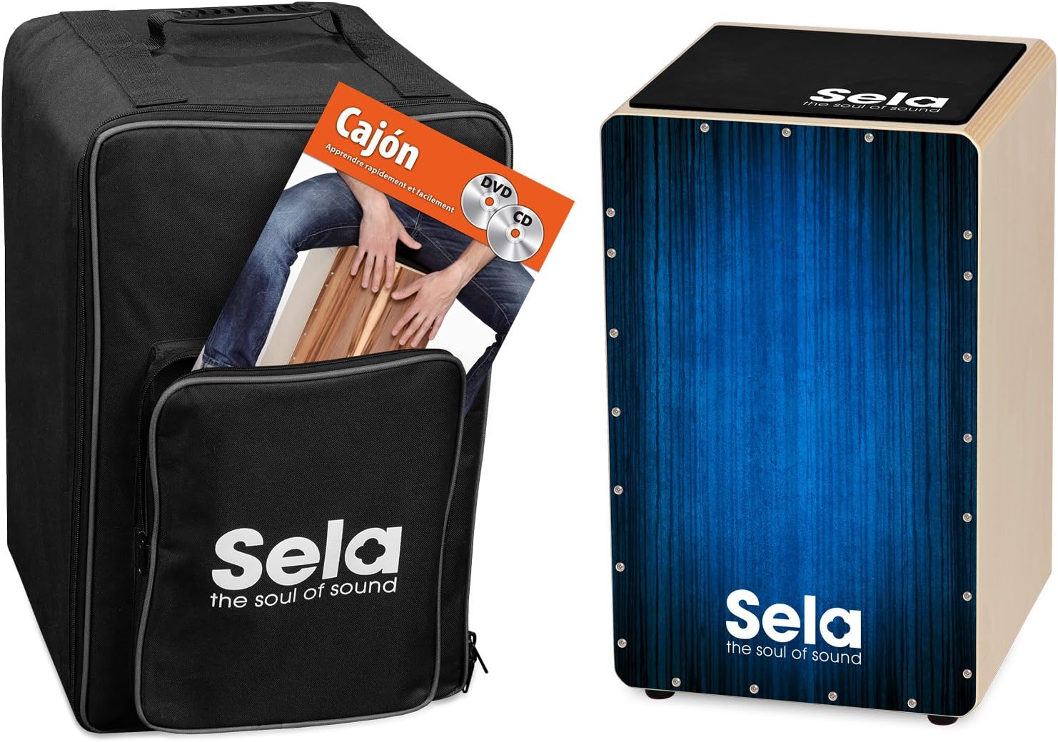 Sela SE 136 FR Varios Blue Cajon Set including backpack, cajon pad, French cajon method, CD and DVD