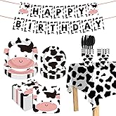 Sveikie 177pcs Cow Theme Birthday Party Decorations Set -cow party cow print plates and napkins, paper cup, Tablecloth, Banner, Black plastic silverware Serves 30