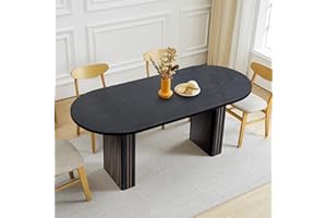 WESELON 70.8 Inch Kitchen Dining Table for 4-6 People, Oval Kitchen Table with Wood Strip Base, Modern Farmhouse Large Round Dining Room Tables for Home Living Room (Black)
