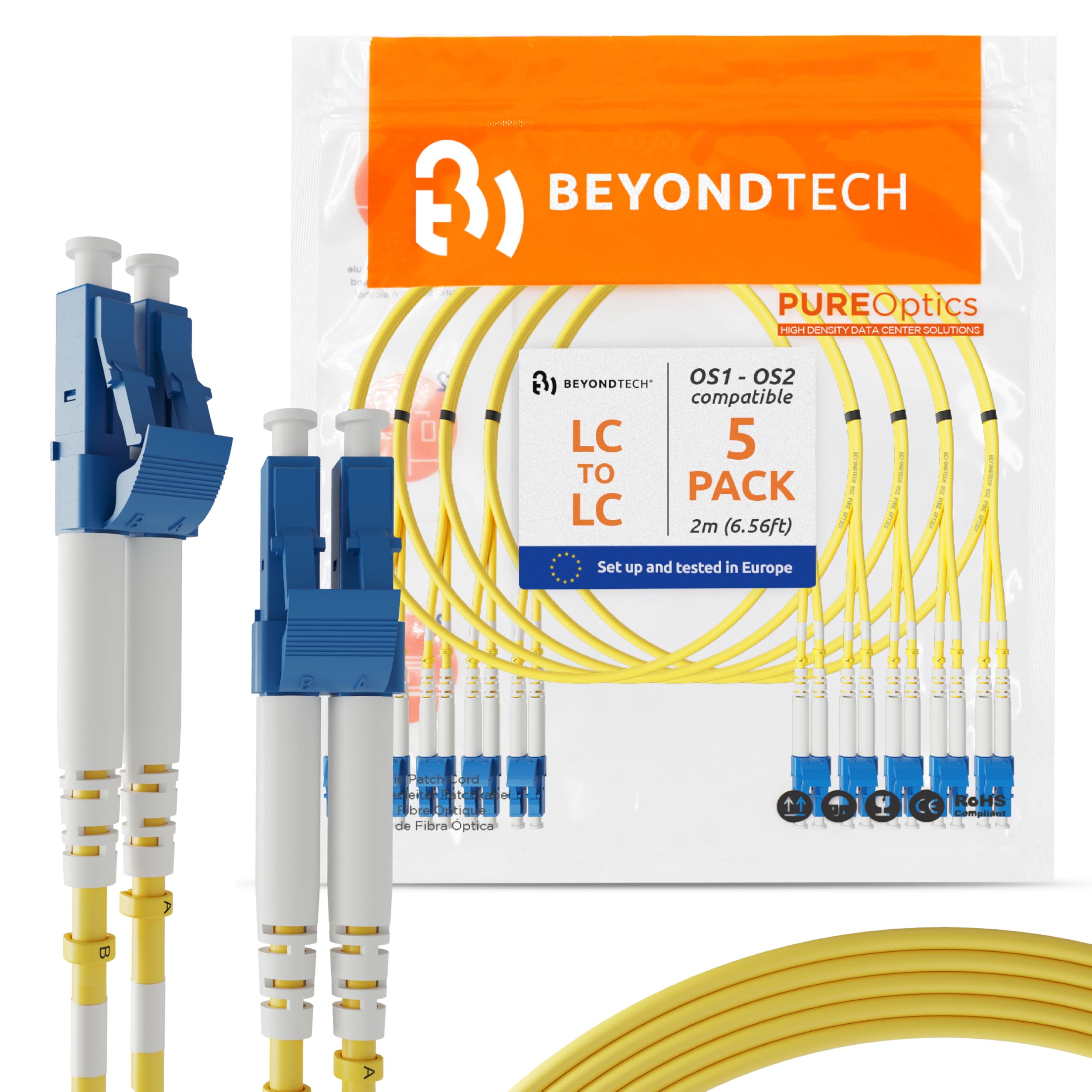 Photo 1 of BEYONDTECH 2m (6.56ft) LC to LC Fiber Patch Cable – (5 Pack) UPC Single-Mode Duplex Fiber Optic Cable – 9/125µm core, Compatible with OS1 & OS2 – LSZH PUREOptics Series
