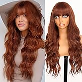 ORSUNCER Long Wavy Wigs with Bangs for Women Ombre Wig Synthetic Wavy Hair wigs for black white women for Daily Party 26 Inches Copper Red