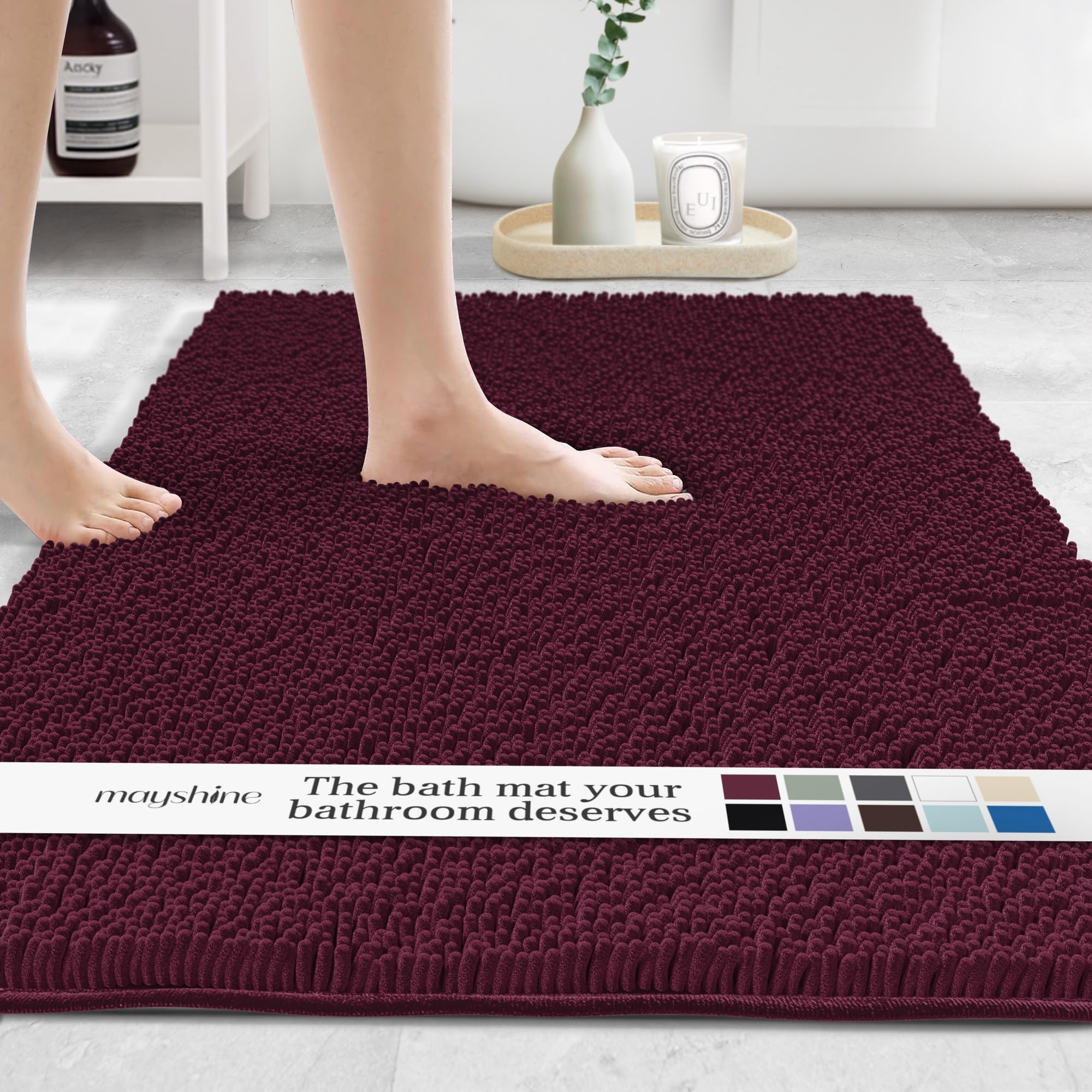 Photo 1 of MAYSHINE Plush Shaggy Chenille Bath Mat | Extra Soft, Super Absorbent, Non-Slip Bathroom Rug | Fluffy Microfiber, Area Rug Sets for Bathroom Floor, Kitchen, Living Room | 59"x31" | Burgundy