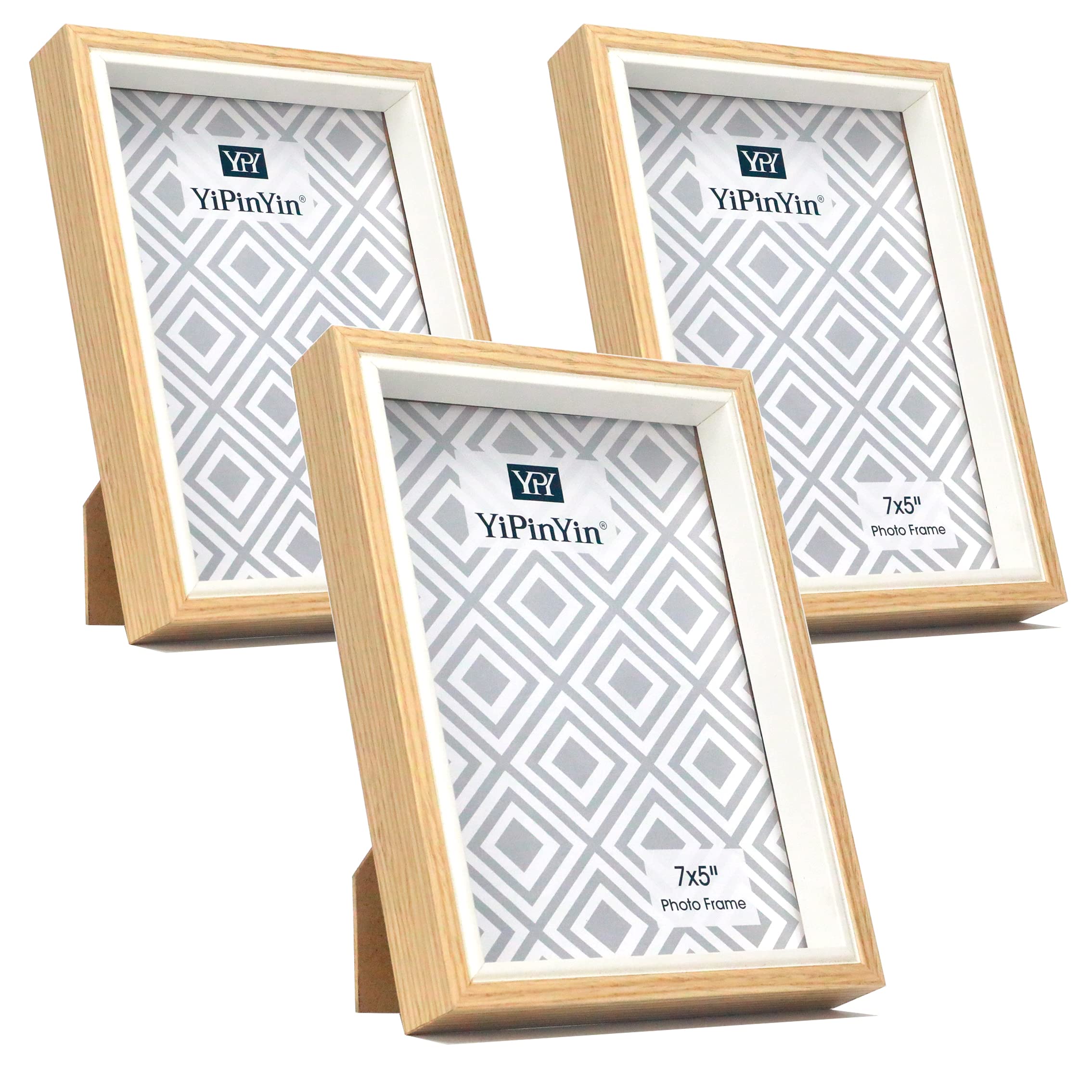 7x5 Inch Wood & White TwoTone Gallery Photo Frame Set of 3, Wooden Effect Boxed Picture Frame with white inlay, 5 x 7'' frame Wiith Safe Acrylic Front for Tabletop or Wallmounted