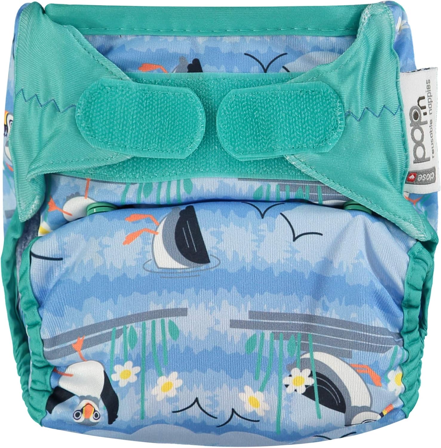 Close Pop-in Premium Bamboo Cloth Nappy with Aplix Fastener - Adjustable One Size Birth to Potty Elegant Print Design - Blue Puffin