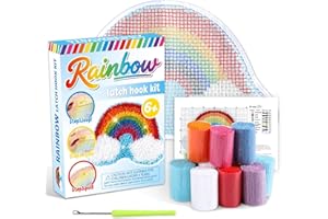 OJUSTBEOK Rainbow Latch Hook Mini Rug Kit Rainbow DIY Craft Kit for Kids Adults Beginners Making Your Own DIY Crochet Carpet Craft Printed Canvas Yarn Rug Hooking Kit Cross Sewing Christmas Gift for Home Decor