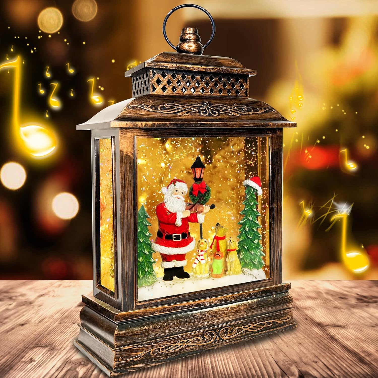 Snow Globes - TURNMEON Musical Lighted Water Lantern Christmas Snow Globe Decorations Santa Dog with Timer 8 Songs Swirling Glitter Snow Globe Lantern USB or Battery Operated Christmas Decorations Home Indoor Gifts