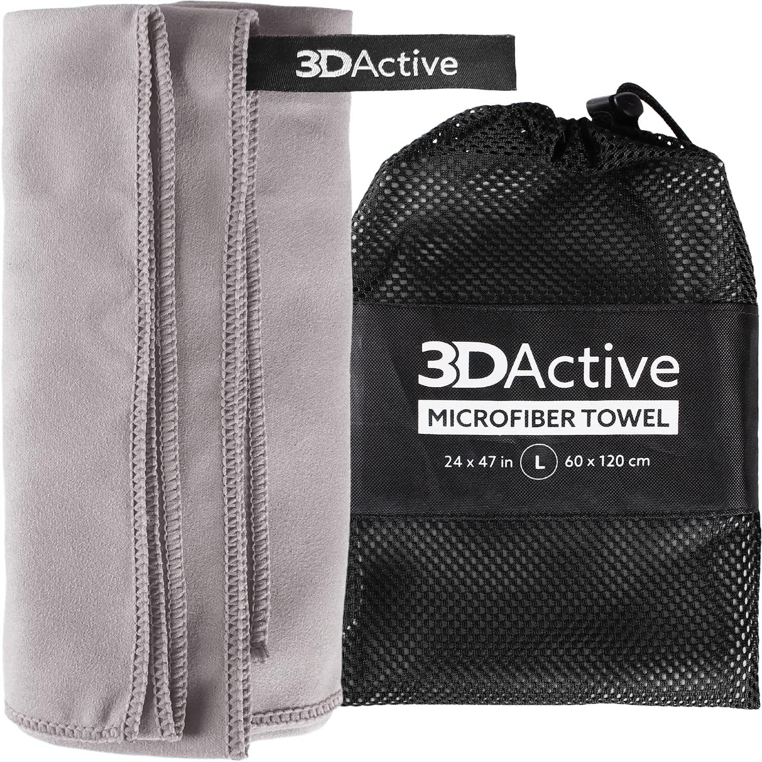3DActive Microfiber Towel for Gym, Sports & Travel. Ultra Absorbent, Quick Drying, Lightweight, Compact with Carry Bag, Perfect for Workouts, Beach & Outdoors - Large 24" x 47" - Gray