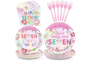 Grencian 96 Pcs Sweet Sassy and 7 Birthday Decorations Donut 7th Birthday Party Decorations for Girls Colorful Donut Plates and Napkins 7 Years Old Disposable Party Supplies Serves 24