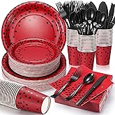 Sieral 560 Pcs Red and Black Party Supplies for 80 Guests Disposable Dinnerware Set Paper Plates Napkins Cups Plastic Forks Knives Spoons for Birthday Graduation
