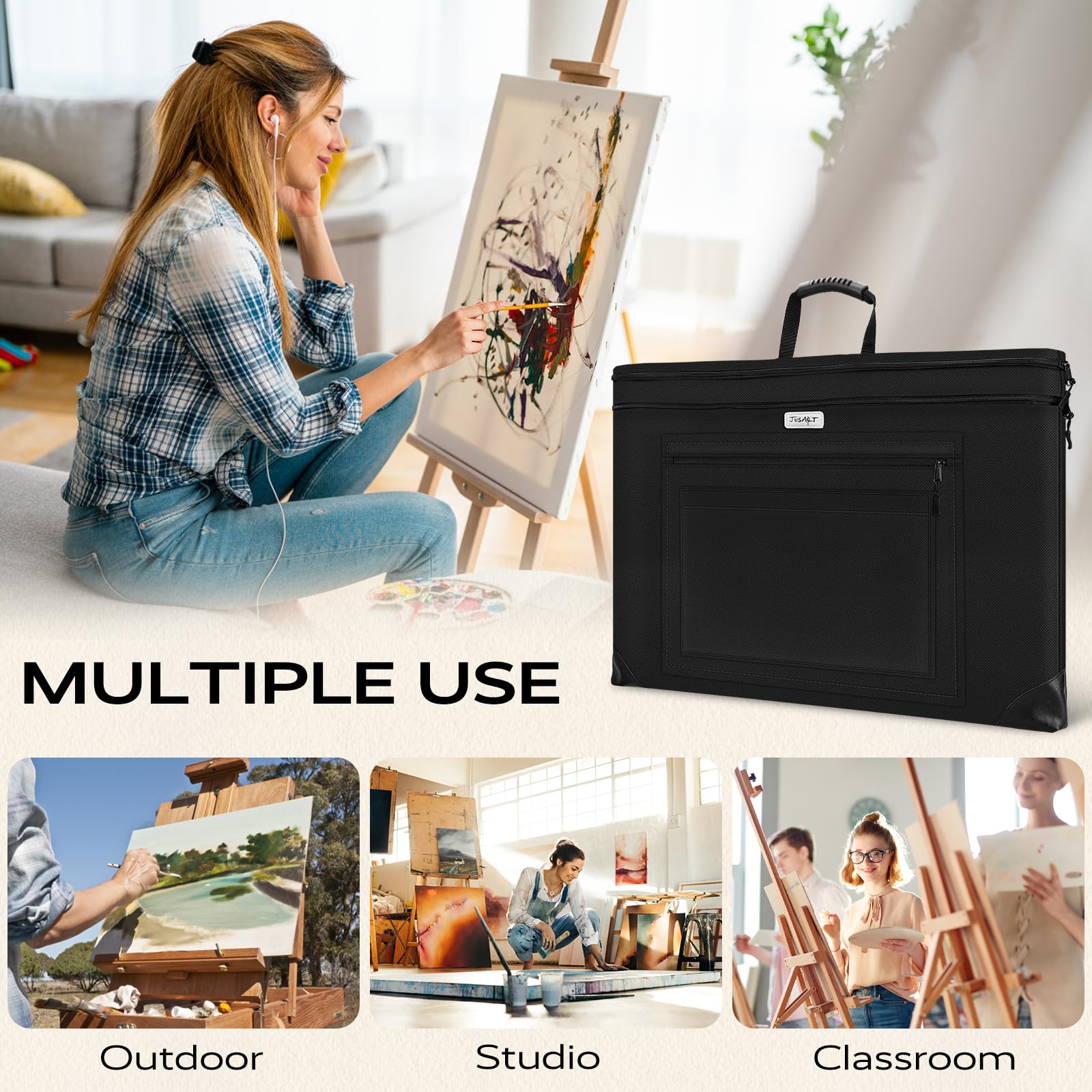JusArt Art Portfolio Bag, 24x36 Light Weight Portfolio Folder Case with Adjustable Shoulder Strap, Leather Corners, Waterproof Art Bag for Artists and Students for Artwork, Poster, Sketching, Drawing