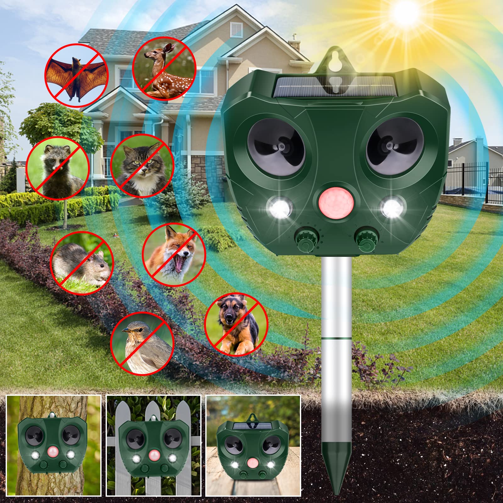 Photo 1 of JNKNT Ultrasonic Animal Repeller Outdoor,2025 Solar Animal Repeller,Cat Repeller with Motion Detection and LED Flashing Light and Sound,Bird Squirrel Raccoon Repeller Outdoor Repel,Bird,Rabbit,Cat,Dog