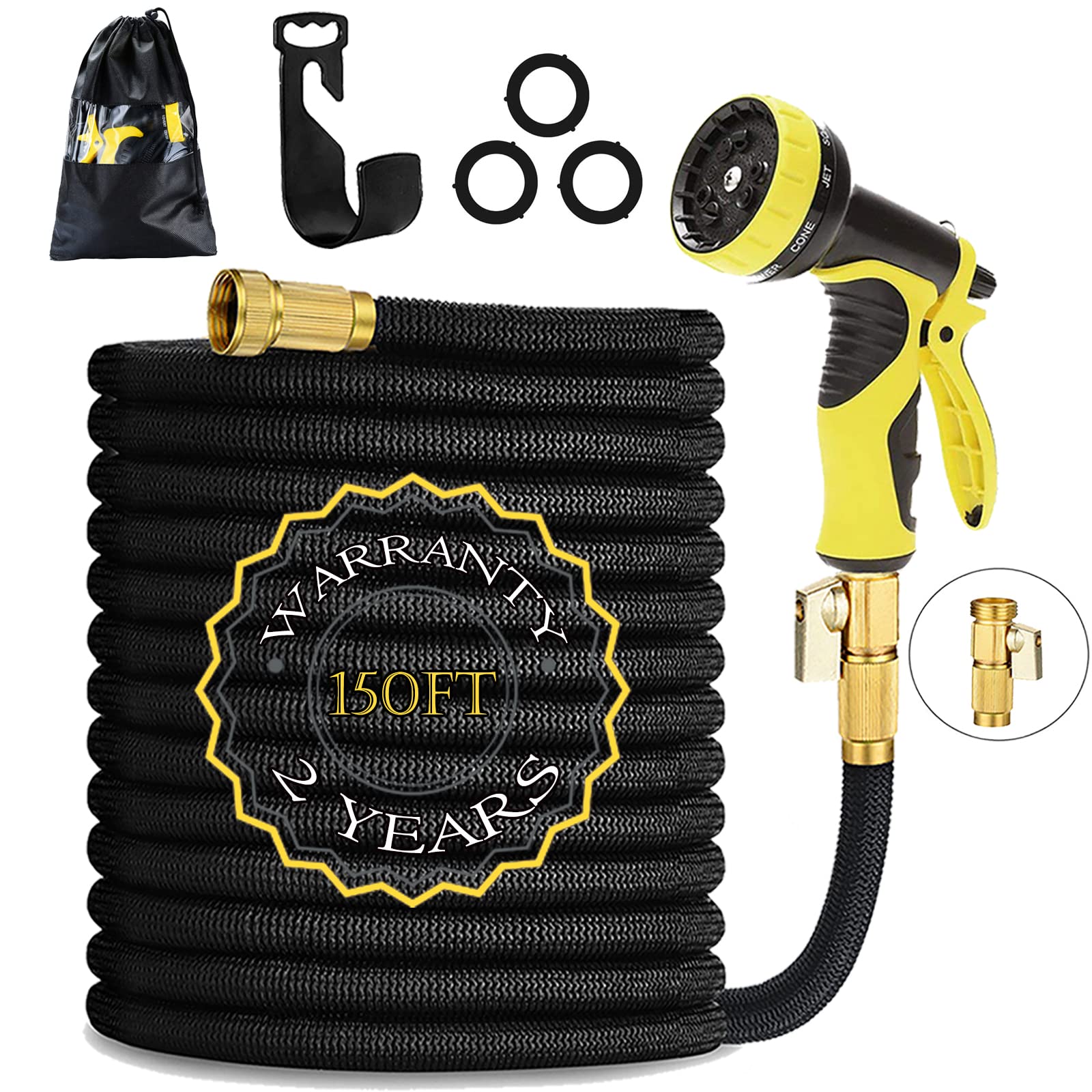 HmiL-U Garden Hose 150ft 45m Strongest Double Latex Inner Tube Prevent Leaking Magic Hosepipe with 9 Function Spray Gun+Solid Brass Fittings (Retracted Length 50ft)【2 YEARS 100% Guaranteed】(150ft)