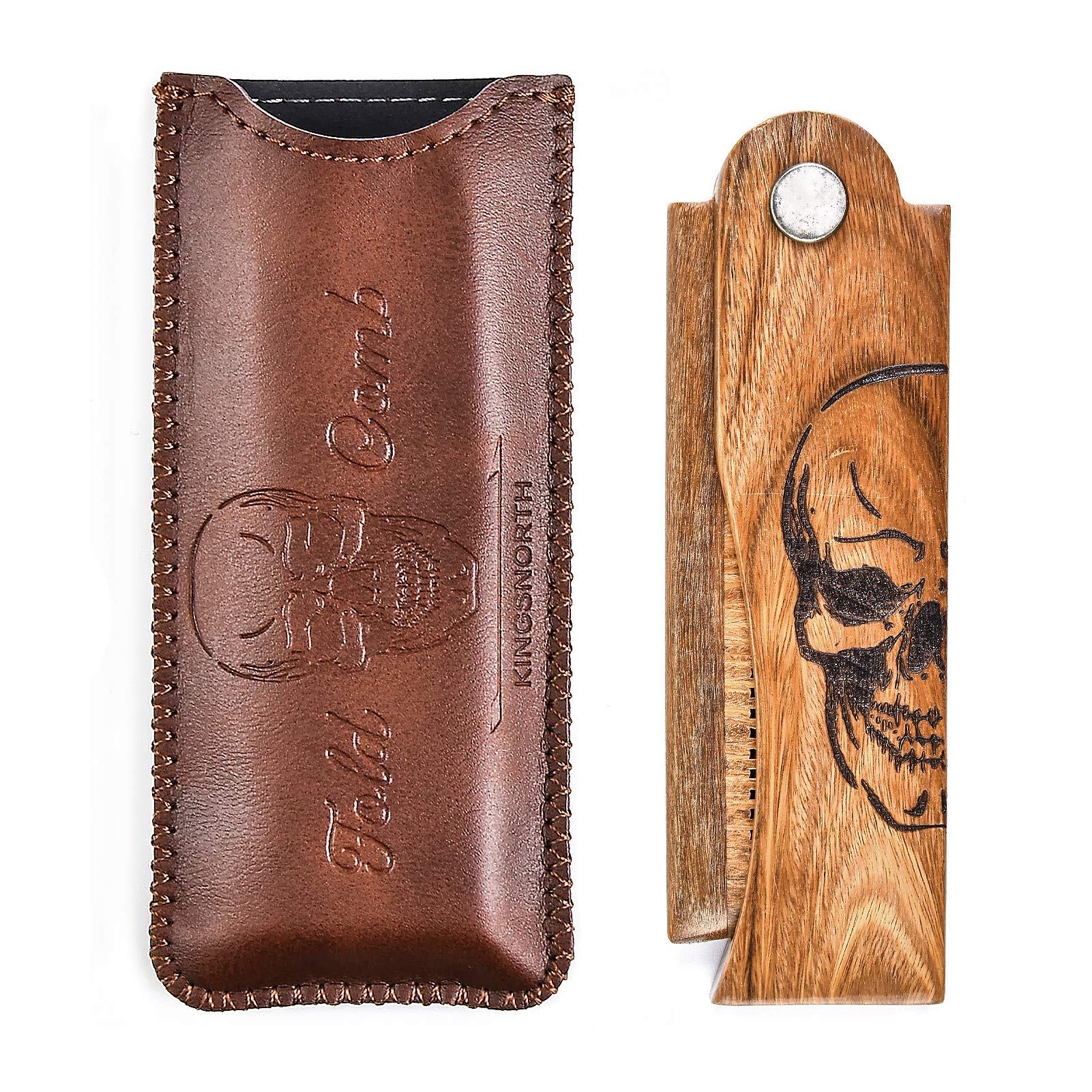 Photo 1 of Menesia Men's Pocket Folding Wooden Beard Comb with Leather Travel Case,Green Sandalwood Hair Combs Set for Men (Skeleton)