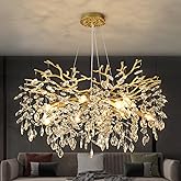 EGM Gold Tree Branch Crystal Chandelier, 32 Inch Modern Raindrop Crystal Ceiling Light Fixtures 10-Light(E12), Hanging Round 