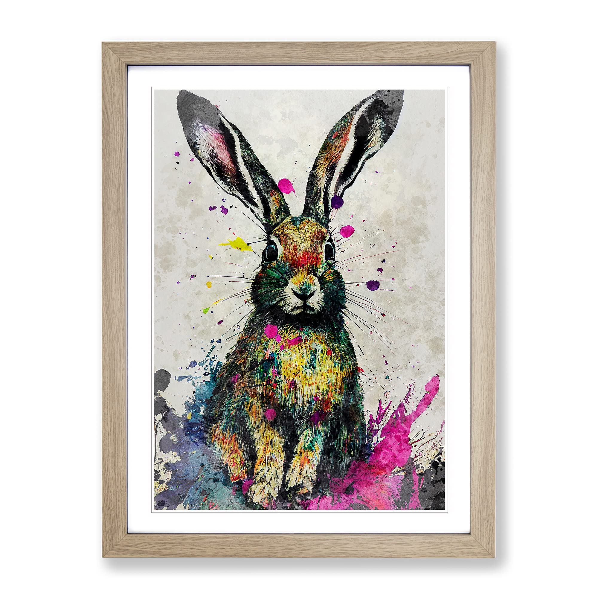 Colourful Watercolour Hare No.3 Framed Print | A4 Oak Framed Wall Art | Ready to Hang | Modern Animal Picture | Living Room Bedroom Lounge Office