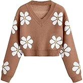 SHENHE Girl's Floral Print V Neck Long Sleeve Knitted Cropped Sweater Jumper Tops