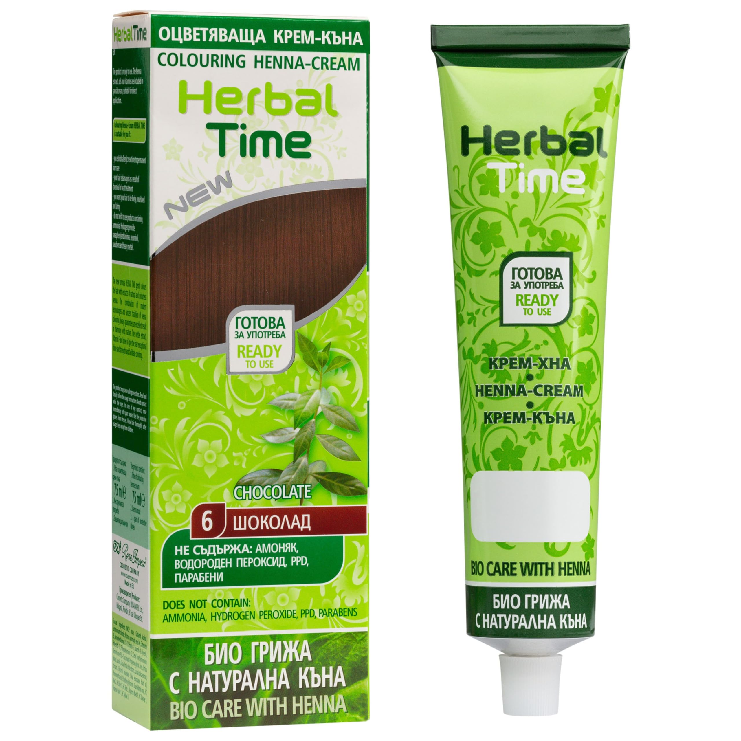 Herbal Time Henna Natural Color Chocolate Nº 6 | Coloring Cream With Nettle Extract | Gray Hair Cover | Temporary Dye | Ammonia, Sulfates, Parabens Free | 75 ml
