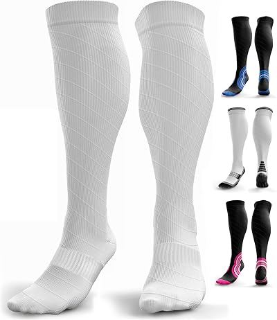 aZengear Compression Socks 20-30 mmHg Knee-High Seamless Toe White L/XL