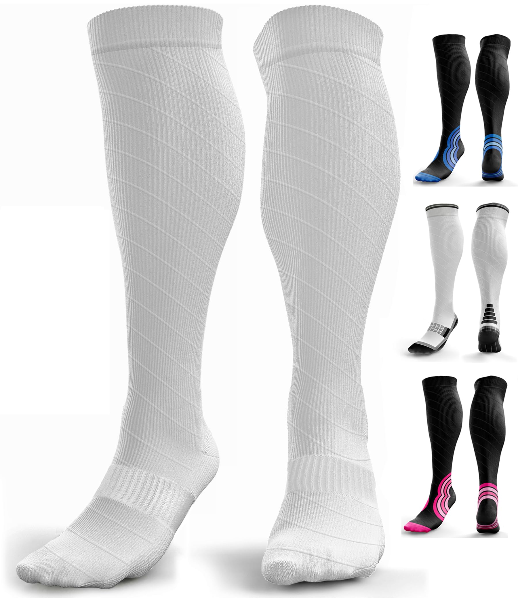 Compression Socks for Women & Men (20-30 mmHg) Knee-High Flight Socks, Graduated Ankle and Calf Support for Travel, Running - Seamless Toe, Padded Heel and Sole (White S-M)