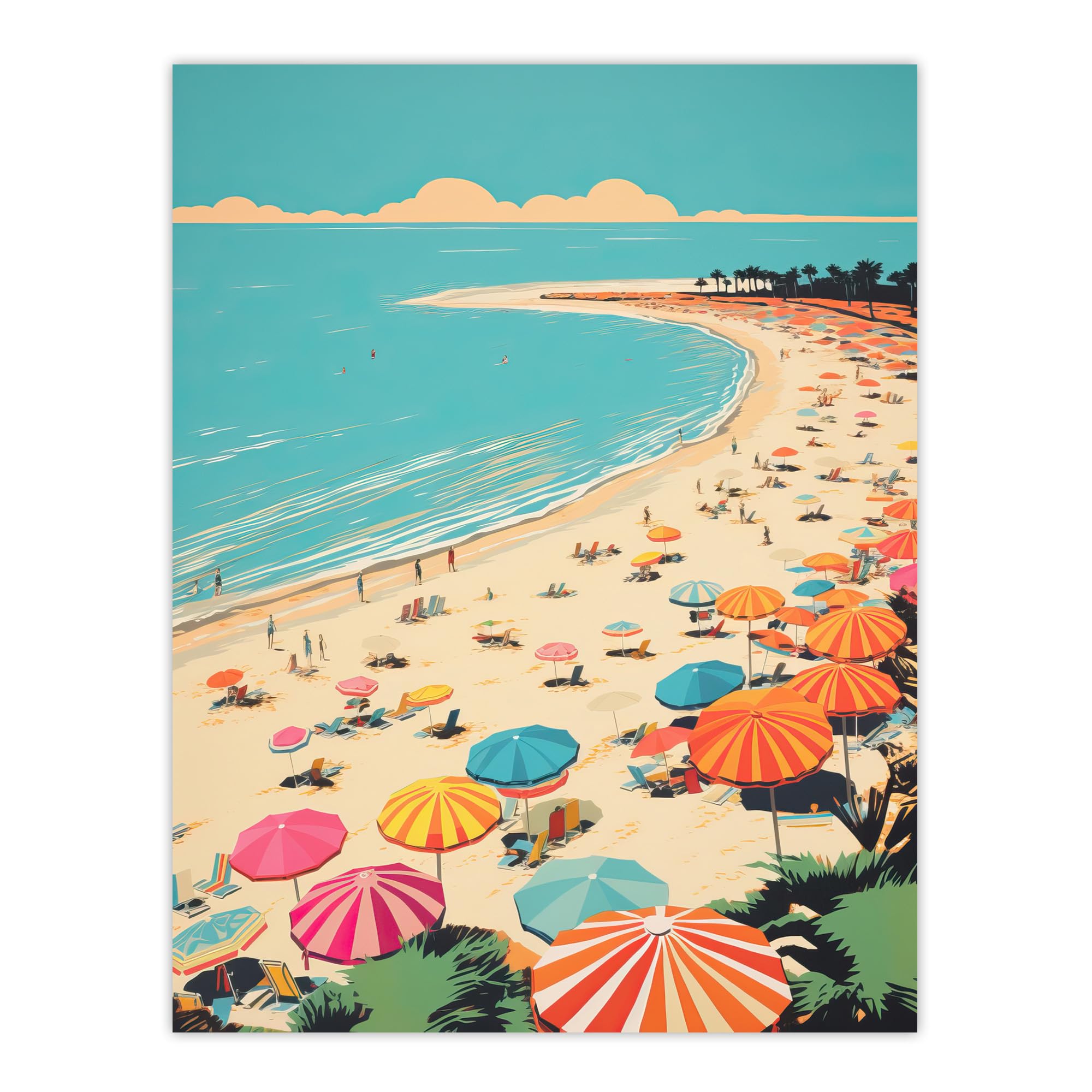 Wee Blue Coo Sun Sand Sea Cove Busy Beach Coastal Landscape Aqua Orange Pink Bright Painting Extra Large XL Wall Art Poster Print