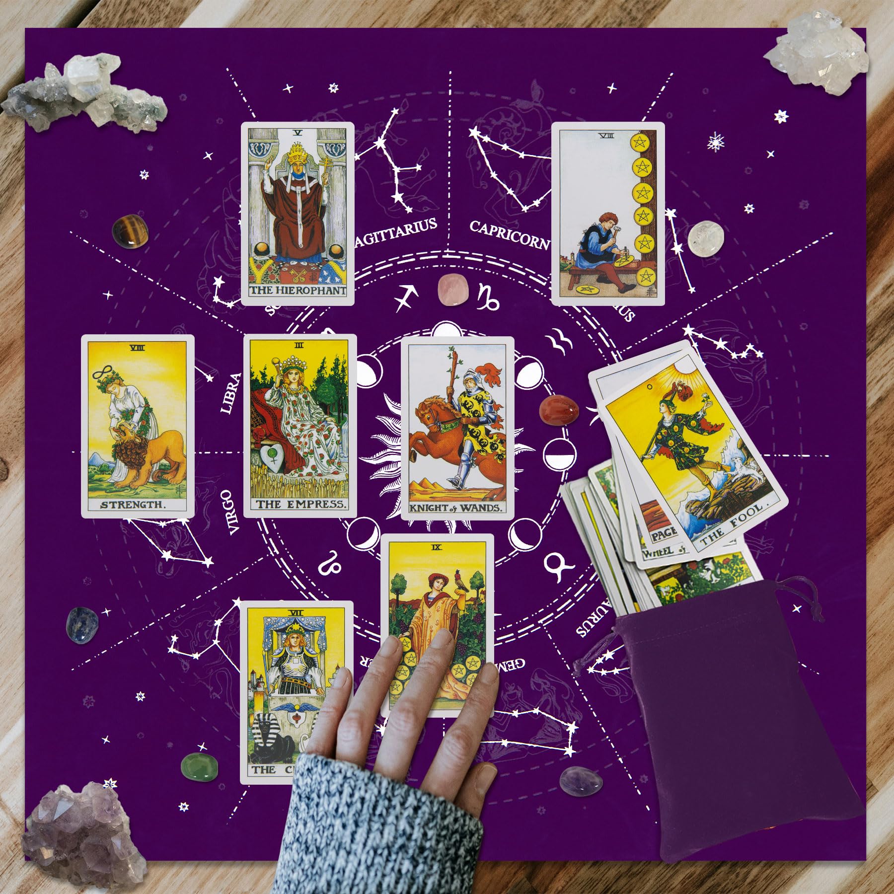 Knana 9Pcs Velvet Tarot Card Cloth Altar Cloth Tarot Cards Mat with Tarot Card Bag Crystals 19.7 x 19.7 inches (Purple)