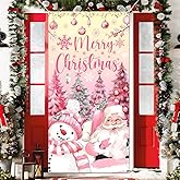 Merry Christmas Door Cover Pink Christmas Decorations, Santa Claus Door Hanging Banner Pink Christmas Snowman Backdrop Banner for Home Front Door Holiday Xmas Party