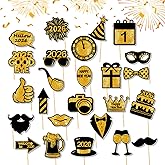 25 Pcs Happy New Year Photo Booth Props 2026 Eve Party Supplies Holiday Celebrations Black Gold Funny Table Decorations Accessories