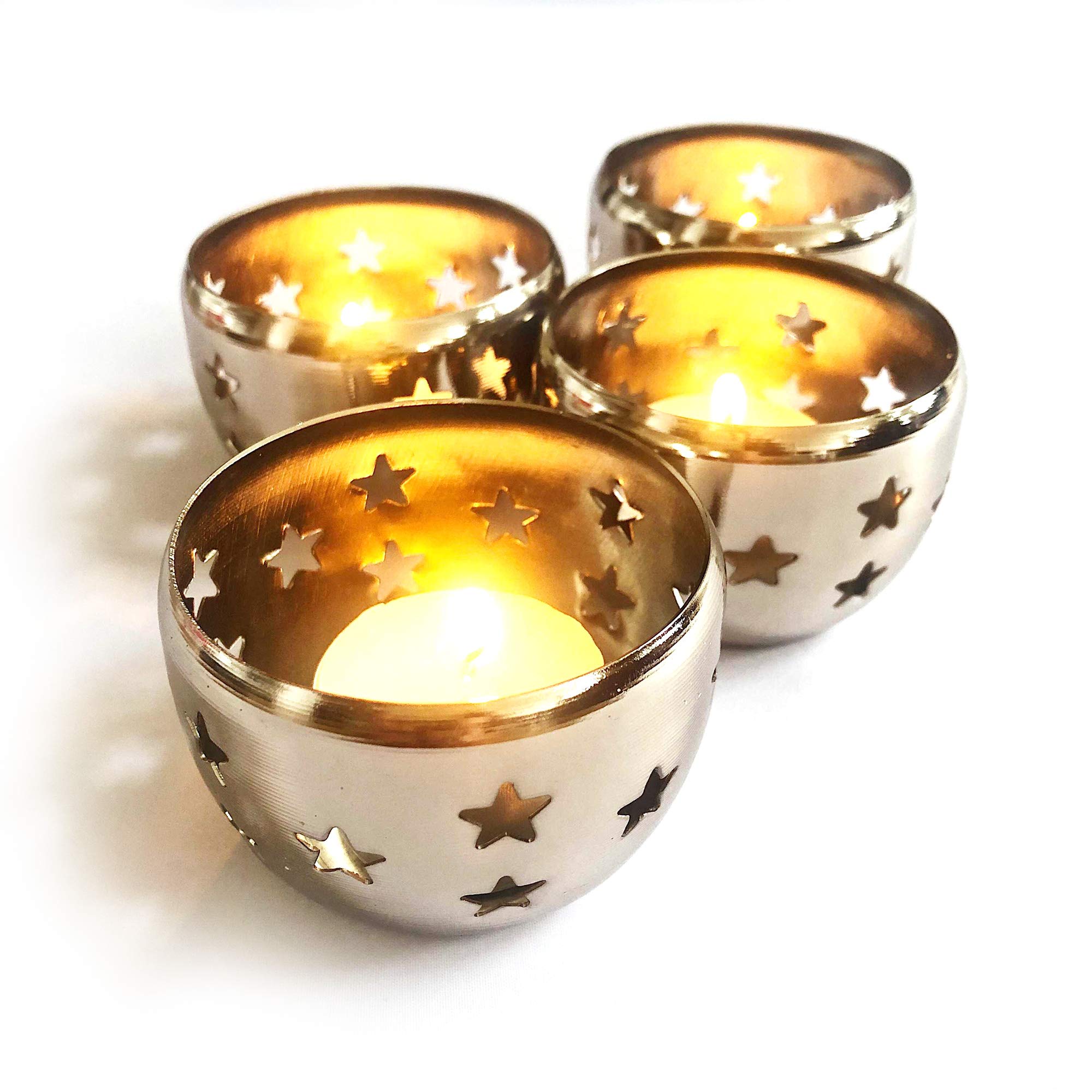 Tealight & Candle Holders - Set of 4 | Brushed stainless steel and an attractive starry design | Perfect for any occasion