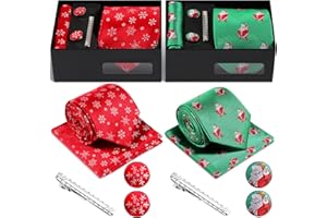 Berlune 2 Set Christmas Ties for Men Gift Box Set Fun Xmas Tree Holiday Necktie Pocket Square Cuff Links Tie Clips Gift Sets