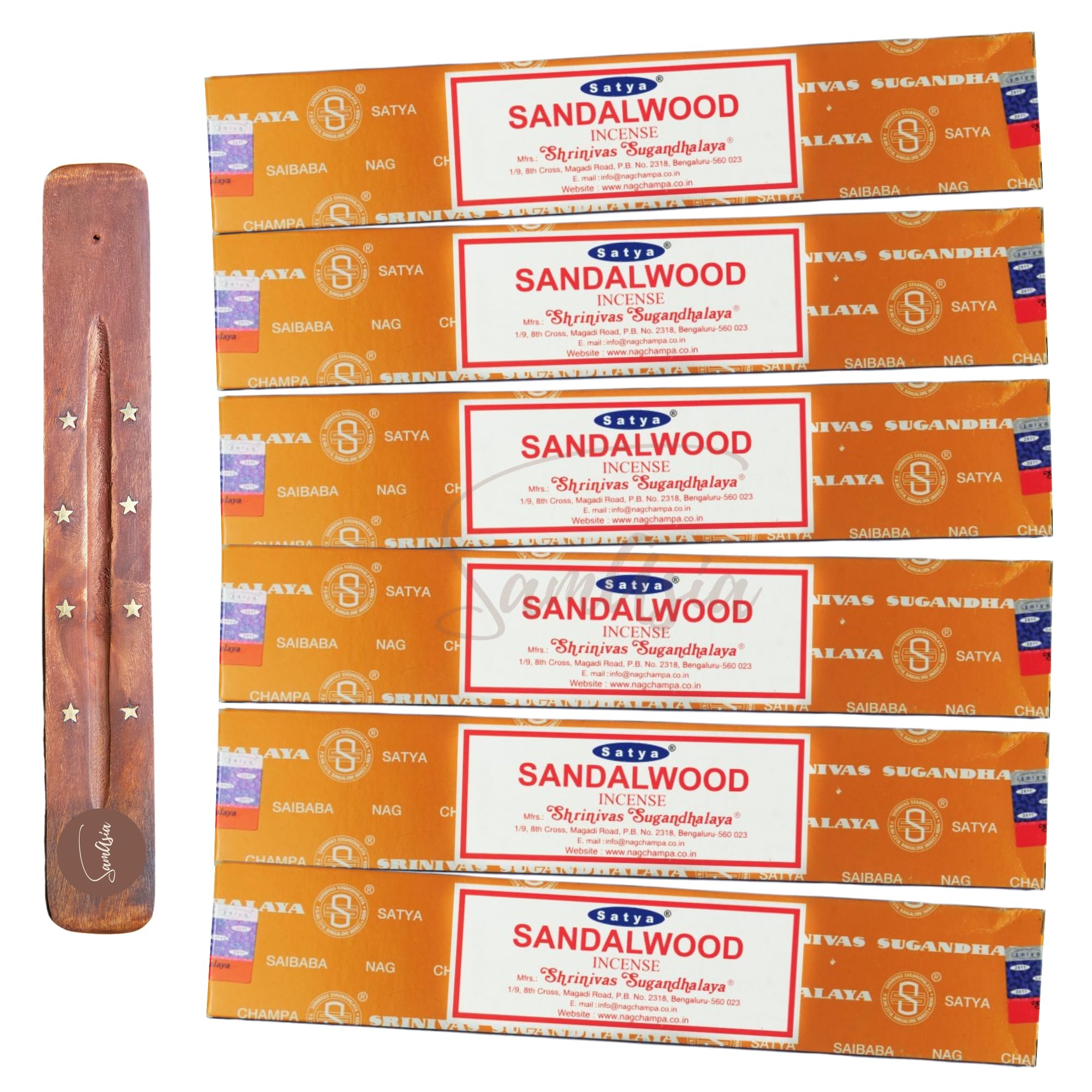 Satya Nag Champa Sandalwood Incense Sticks | x6 pack | with SAMASIA incense sticks holder | Used for Aromatherapy, Spa, Yoga, Weddings, Meditation, Healing, Positivity and Relaxation