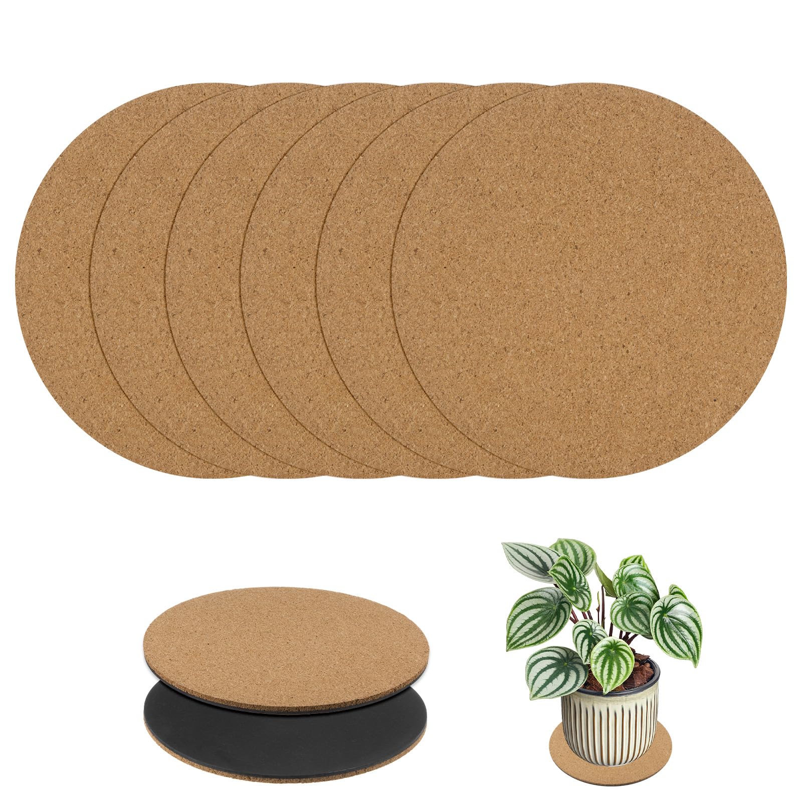 M METERXITY 6-Pack Cork Plant Coasters, 6 Inch Round Coasters Pads Cork Plant Mats Cork Pads for Plants/House/Garden/Indoors/Outdoors, Plant Cork Mats