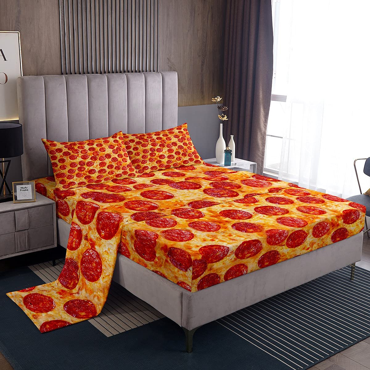 Loussiesd King Bed Bedding Set - Pizza Print, Soft, Lightweight, Funny Pizza Theme Bed Cover, Flat & Fitted Sheets, Pillow Case