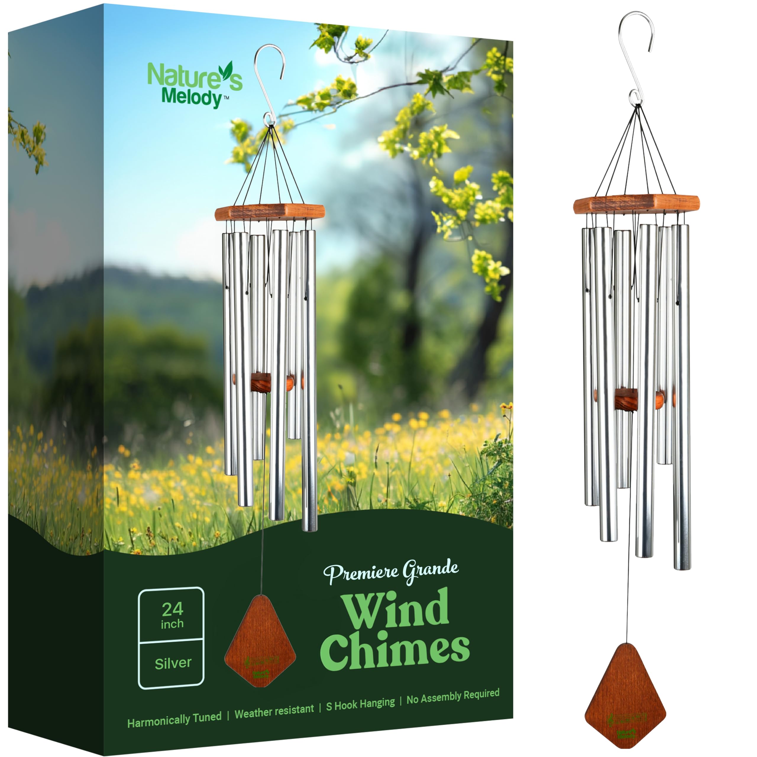 Nature’s Melody Premiere Grande Tunes Wind Chimes – Outdoor Windchime with 6 Tubes Tuned to E Pentatonic Scale, Rustproof Aluminum, Beech Wood & S Hook Hanger for Sympathy, Memorial Gift or Zen Garden — image 1