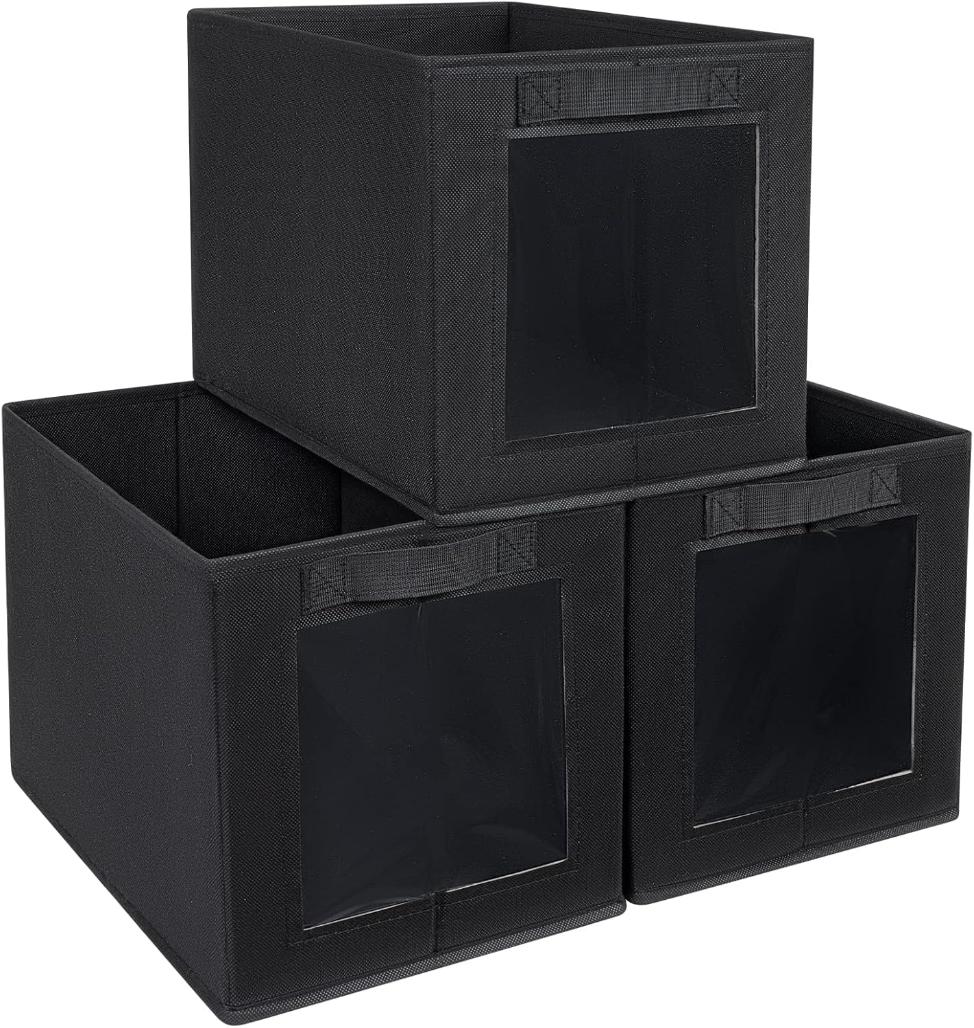 DIMJ Foldable Storage Boxes with Transparent Window Fabric Collapsible Storage Bin Basket with Handle for Wardrobe, Closet, Shelves Organiser (34 * 23 * 23 cm, Black)