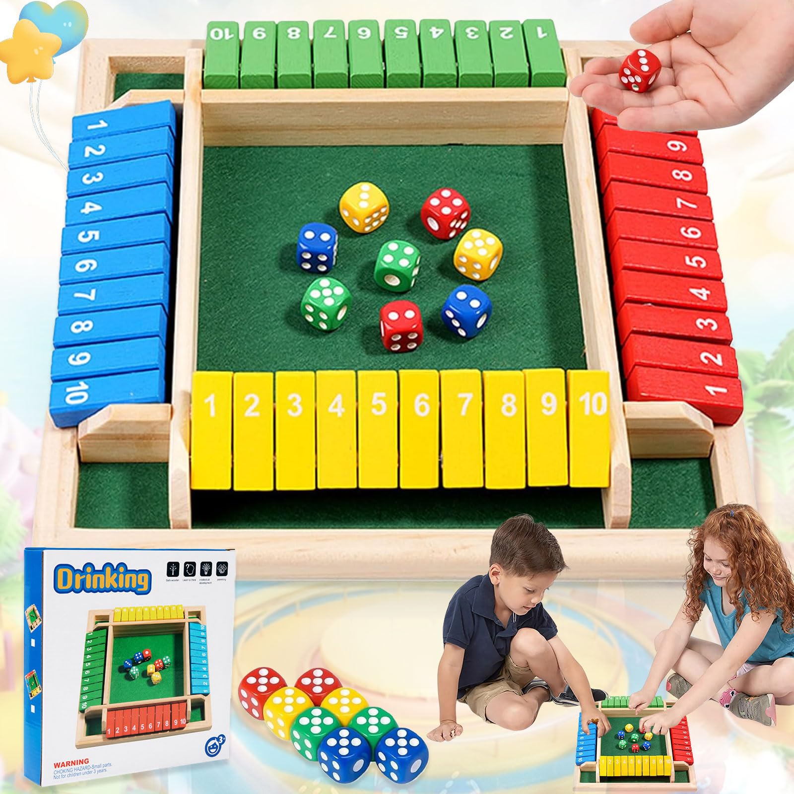 SUoetry Shut The Box, Game Dice, Math Games, Board Games, Shut The Box 4 Players, with 8 Dice, Folding Game, Natural Wood Four Color for Classroom, Home, Party or Pub