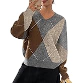 Wyeysyt Argyle Sweater Women Casual Plaid V Neck Drop Shoulder Pullover Sweaters Color Block Chunky Knit Top