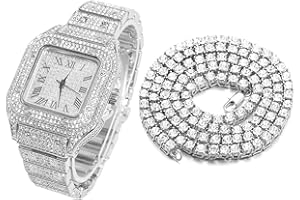Halukakah Diamonds Gold Watch Iced Out, Men's 18k Real Gold/Platinum White Gold Plated Quartz Wristband 9.5" Square Dial, with Tennis Chain Necklace Bracelet Set Options, Comes with Gift Box