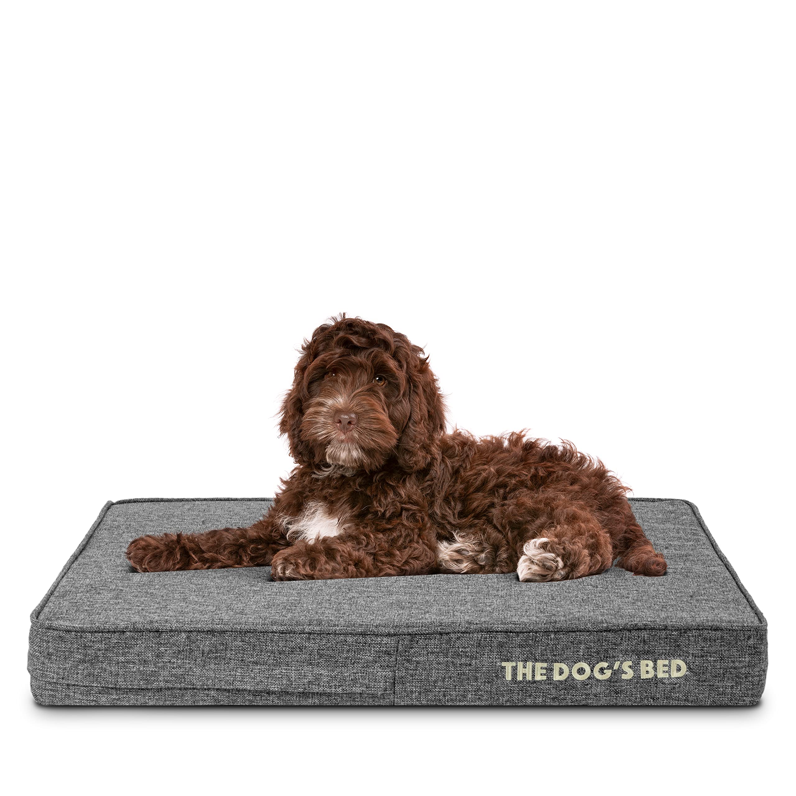 The Dog’s Bed Orthopaedic Memory Foam Dog Bed for Medium Dogs, Waterproof Support Mattress, Removable Washable Cover, Pressure Relief & Joint Support, Grey Linen, 10cm Thick