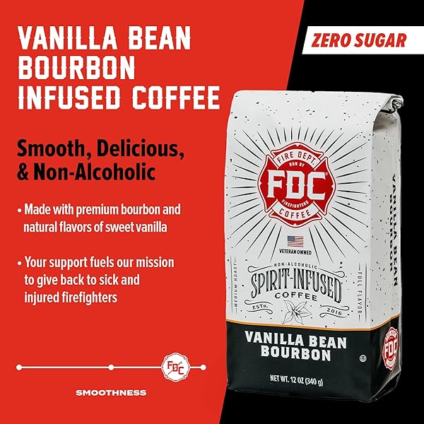 FIRE DEPARTMENT COFFEE – VANILLA BOURBON COFFEE – GIVES BACK TO FIREFIGHTERS – VANILLA BEAN BOURBON INFUSED – GROUND MEDIUM ROAST – NON-ALCOHOLIC – ROASTED IN THE USA – VETERAN OWNED – 12 OZ