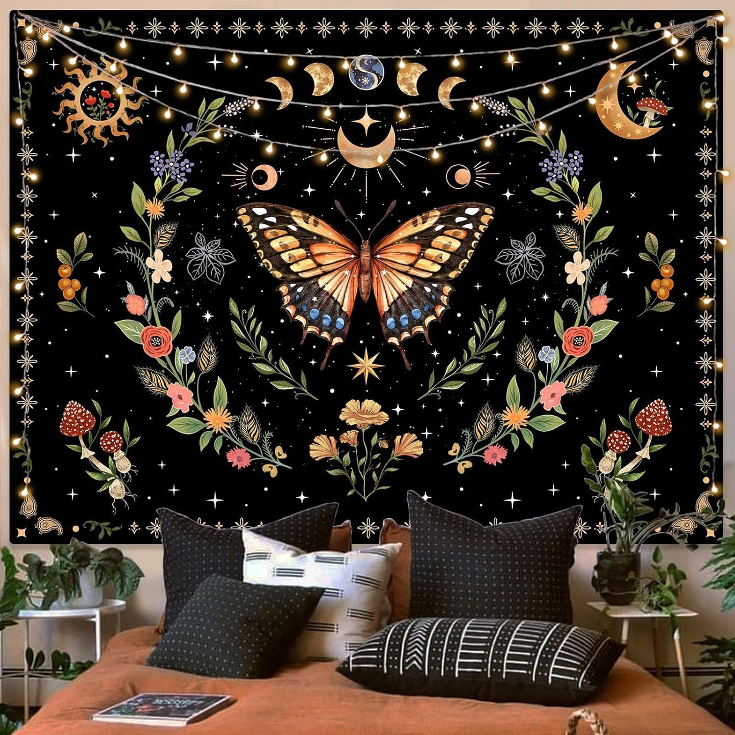Tapestries - Spenlife Butterfly Moon Tapastry Flower Boho Floral Plant Tapestries for Bedroom Aesthetic Tapastry's Wall Hanging Mandala Botanical Tapestry for Living Room Dorm (black, 44x60 inches)
