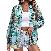 Womens Button Down Hawaiian Shirts Puff Long Sleeve Dressy Casual Floral Printed T-Shirt Trendy V Neck Comfy Boho Blouse Tops