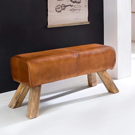 Finebuy Banc Bois Massif Cuir 90 X 43 X 30 Cm Style Retro Rembourre Banc