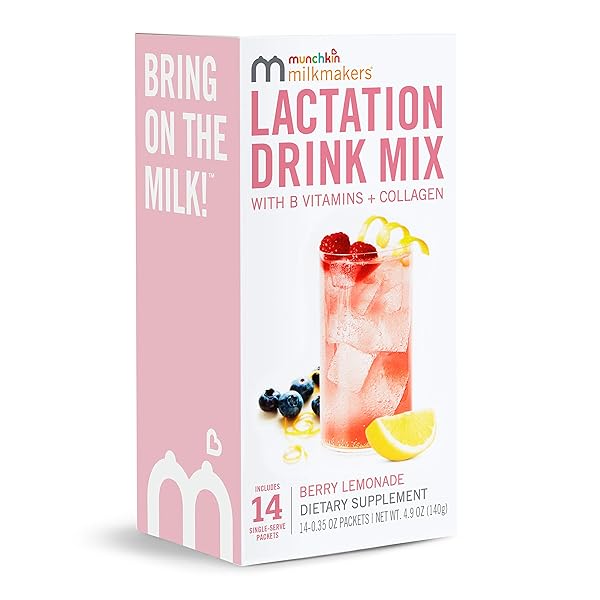 MUNCHKIN MILKMAKERS LACTATION DRINK MIX SUPPLEMENT WITH B VITAMINS/COLLAGEN/FENUGREEK & MILK THISTLE FOR BREASTFEEDING MOMS, BERRY LEMONADE, 12 COUNT