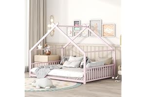 HANLIVES Full House Bed for Kids, Metal Floor Bed Frame Full with Headboard and Footboard, Full Kids Bed Floor Bed for Kids, Girls, Boys(Pink)