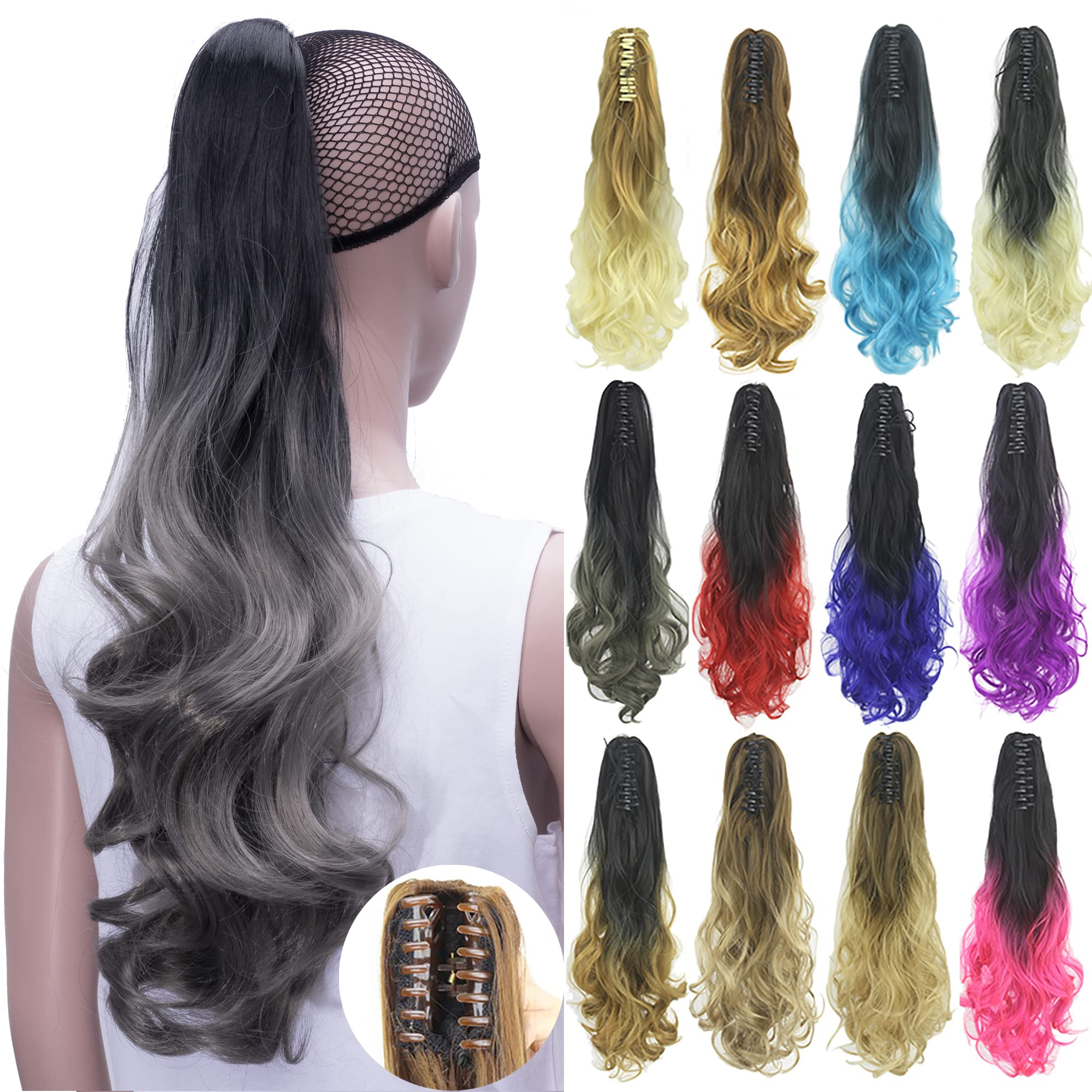 IMISSU Curly Ombre Color Claw Ponytail Hair Extensions Pony Tail Clip in Hairpiece (Ombre Dark Grey)
