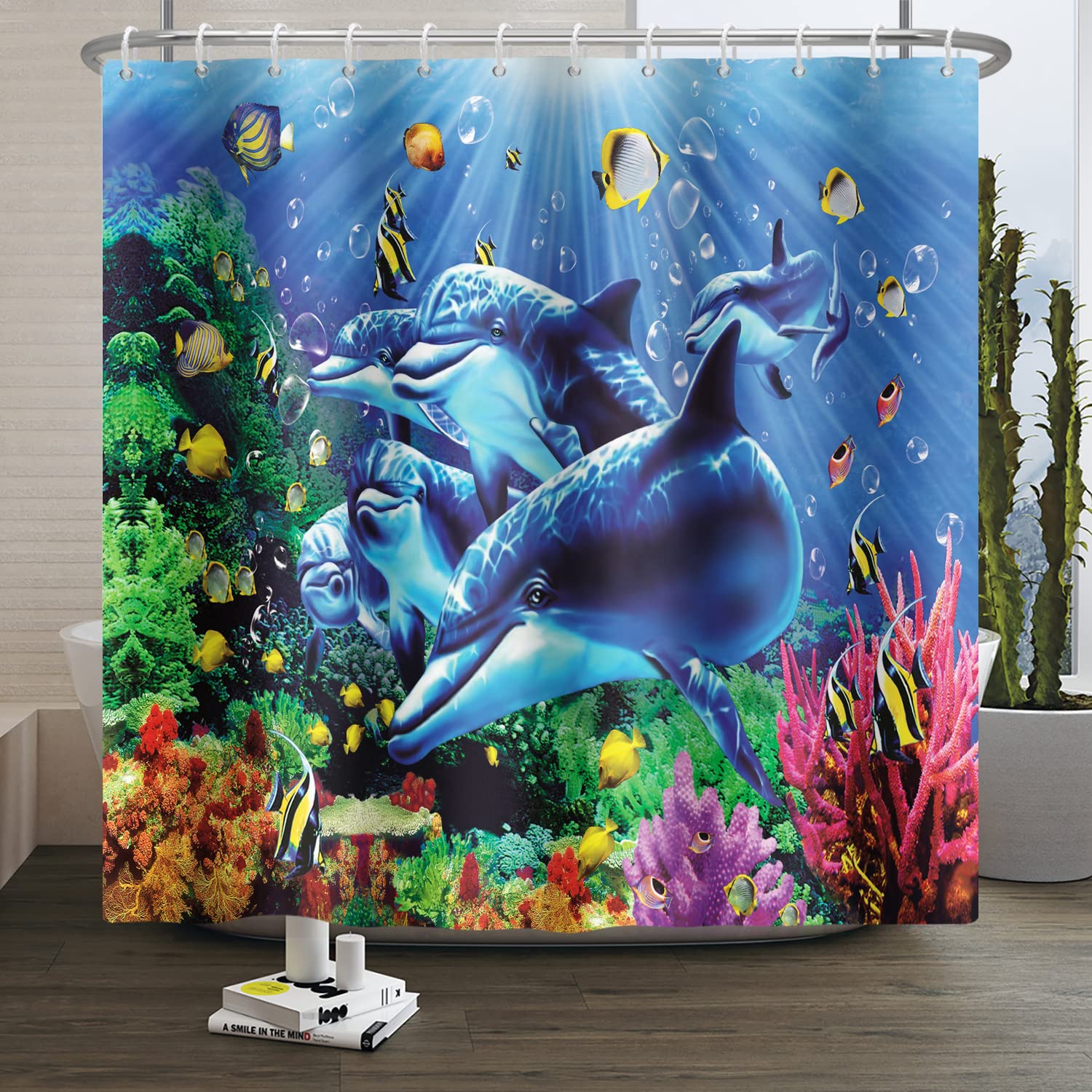 SDOTPMT 180x198cm Undersea Whale Shower Curtain Colorful Tropical Fishes Coral Reef Underwater World Bath Curtain Blue Ocean Bathtub Curtain for Bathroom Decor Waterproof with Hooks — image 1