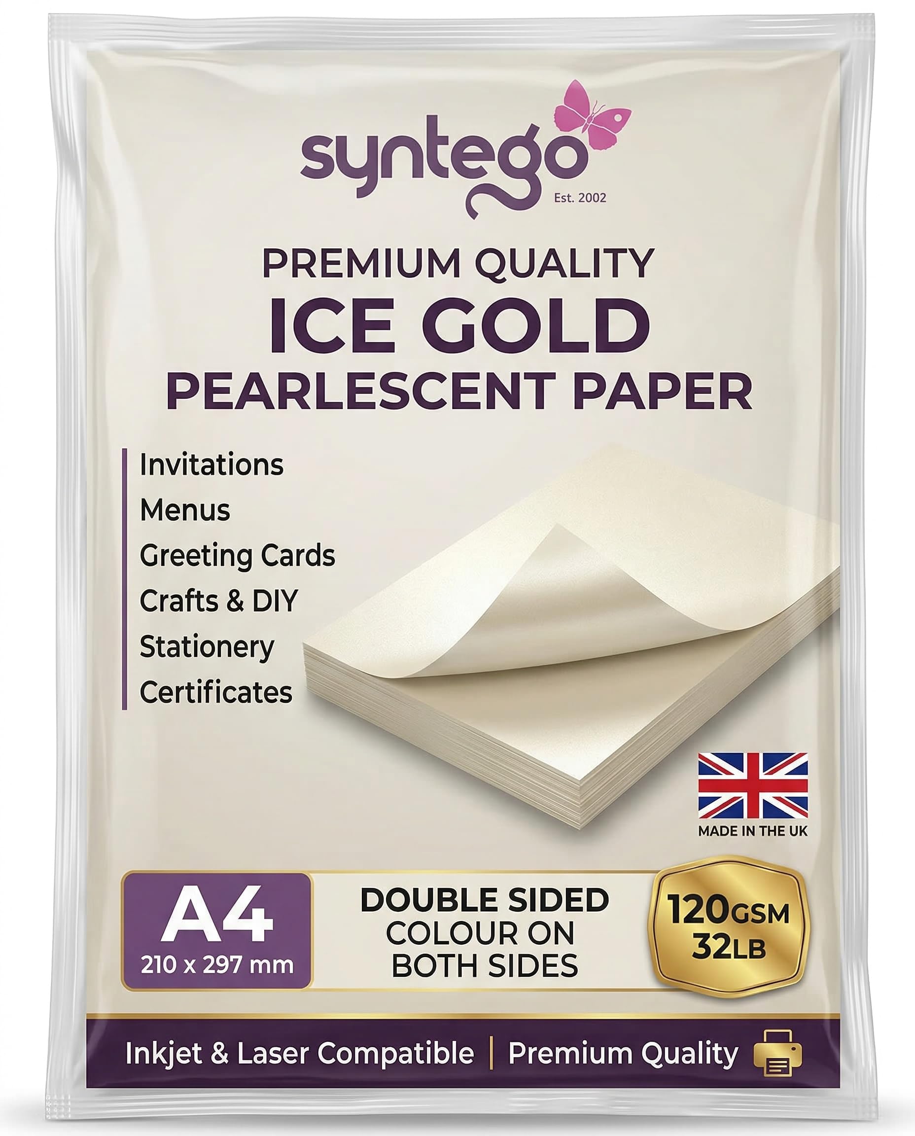 Syntego Ice Gold A4 120gsm Double Sided Pearlescent Paper Suitable for Inkjet and Laser Printers (100)