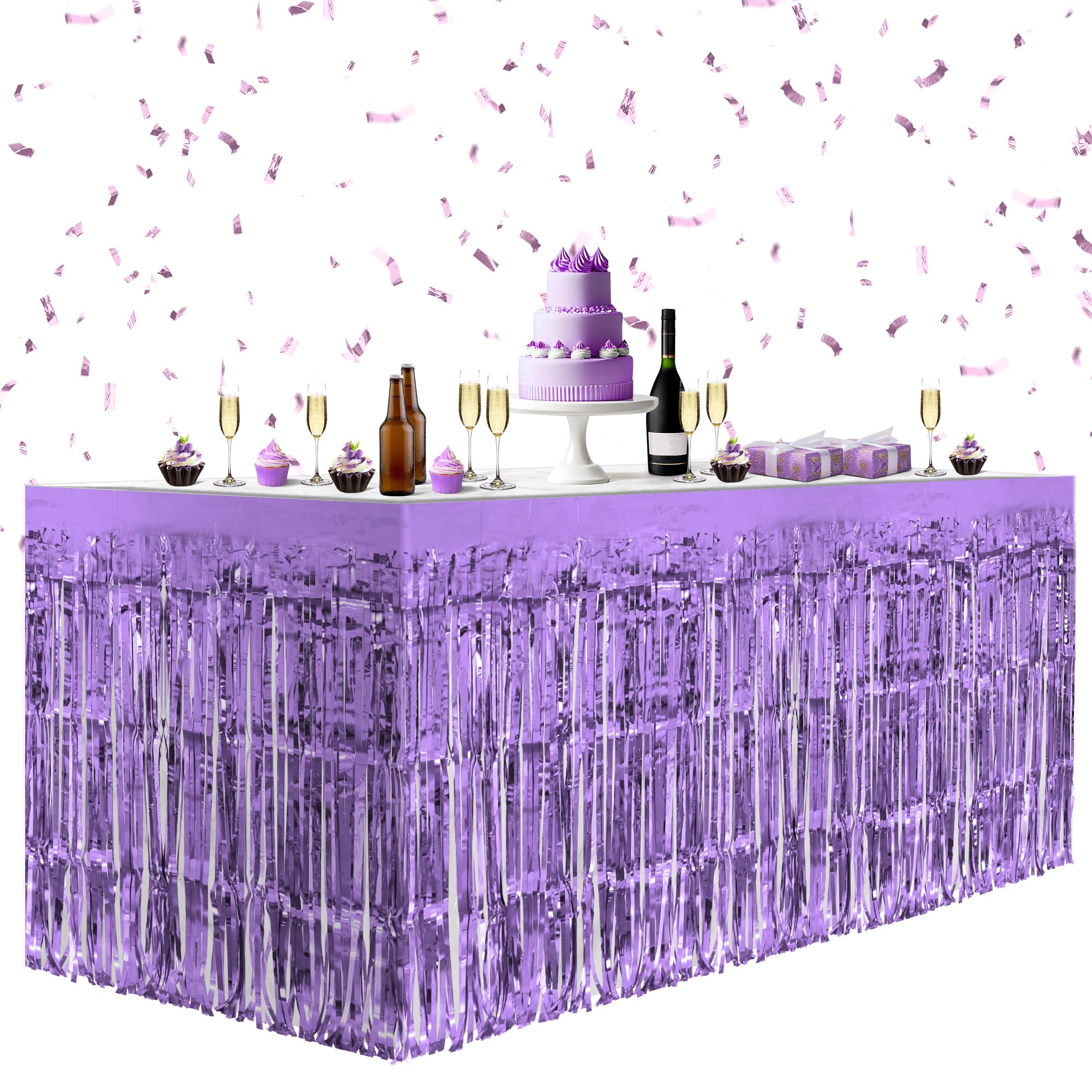 Photo 1 of 2 Pack Light Purple Table Skirts, 29x108" Metallic Foil Tinsel Fringe Table Skirts for Rectangle Tables Streamer Curtains Backdrop, Party Decorations for Birthdays Weddings Holidays